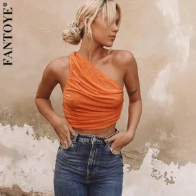 Joskaa FANTOYE Women Orange Oblique Shoulder Ruched Crop Tops Camis  Fashion Solid Bodycon Tops Femme Backless Slim Tank Top Streetwear