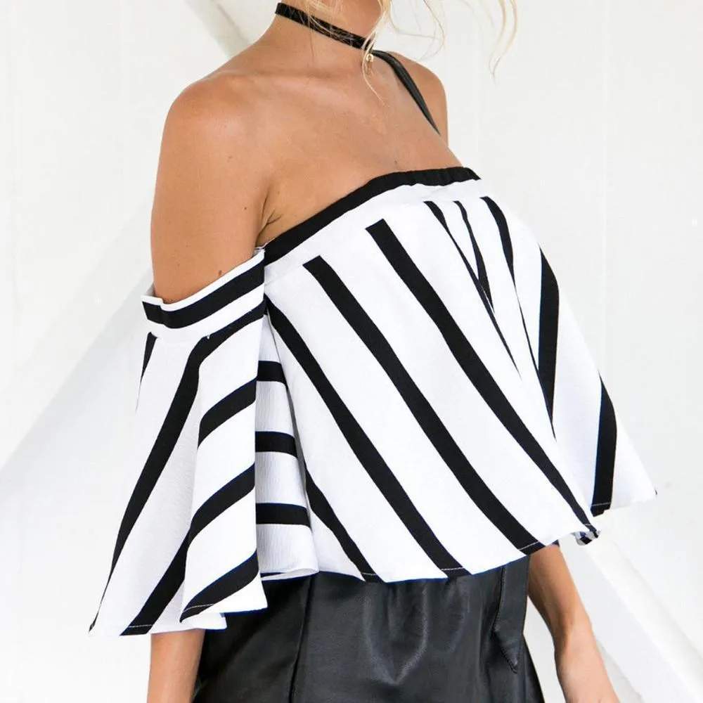 Ladies Crop Top Striped Casual Off the Shoulder Women Blouse