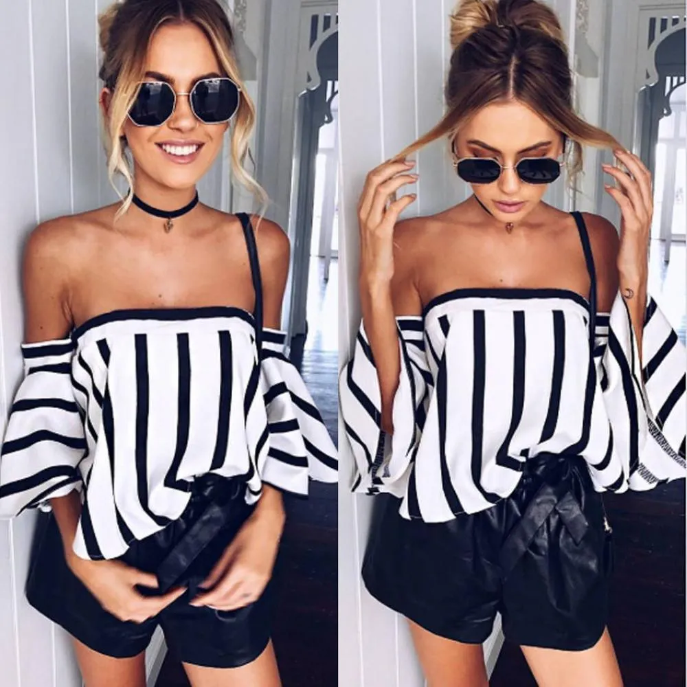 Ladies Crop Top Striped Casual Off the Shoulder Women Blouse