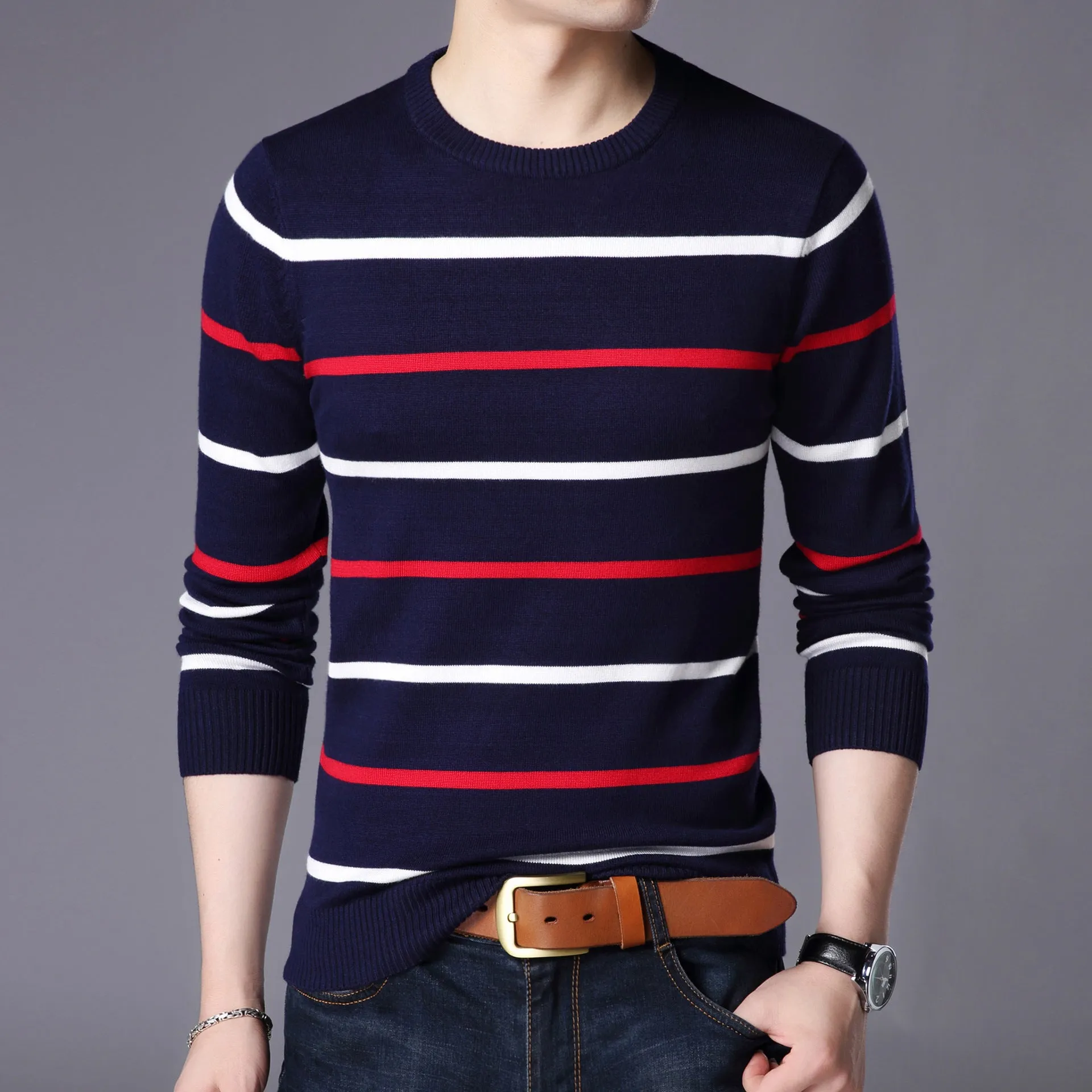 Men's Cotton Knitted Round Neck Striped Casual Loose Fit & Slim Bottom sweaters for Autumn and Winter