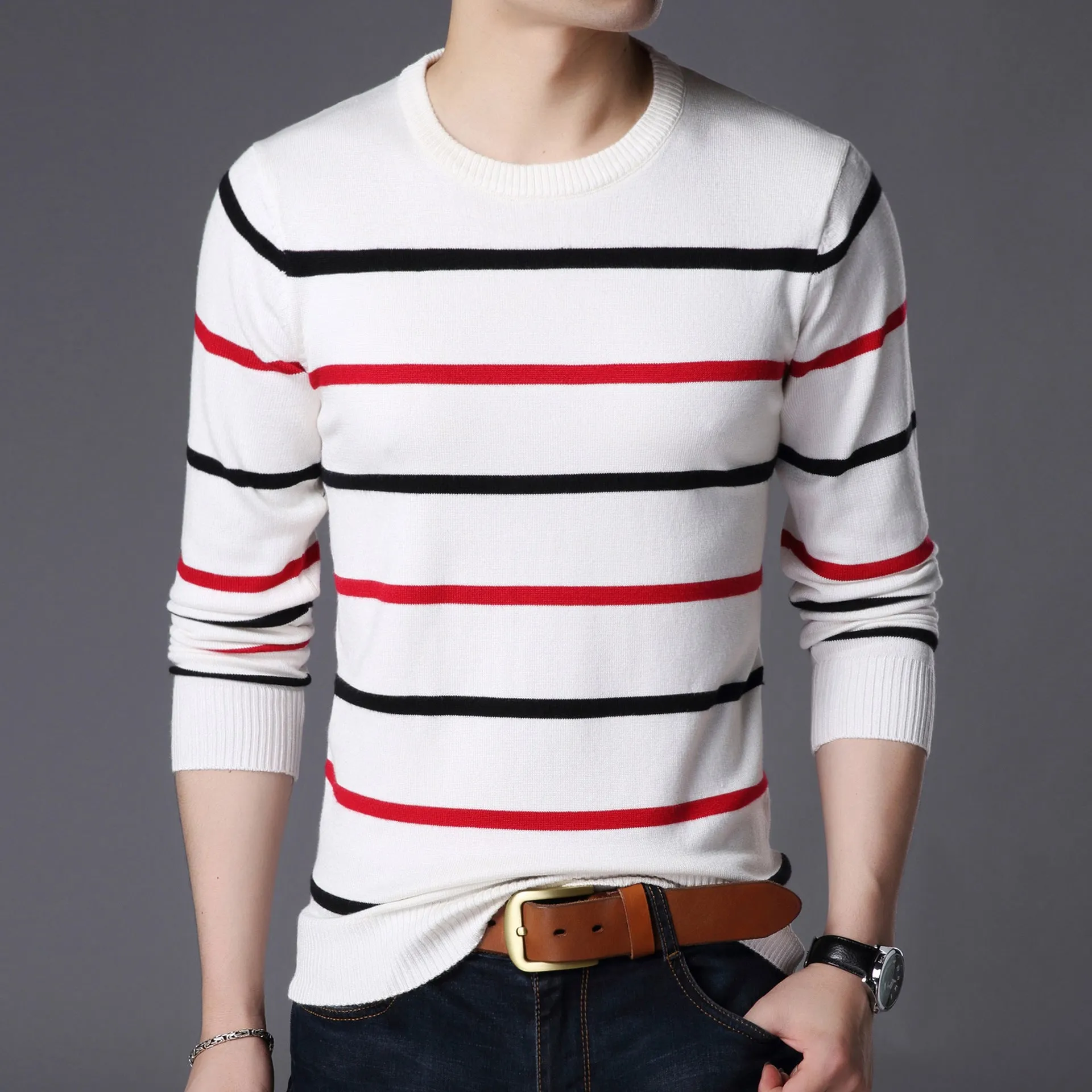 Men's Cotton Knitted Round Neck Striped Casual Loose Fit & Slim Bottom sweaters for Autumn and Winter