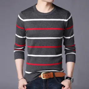 Men's Cotton Knitted Round Neck Striped Casual Loose Fit & Slim Bottom sweaters for Autumn and Winter