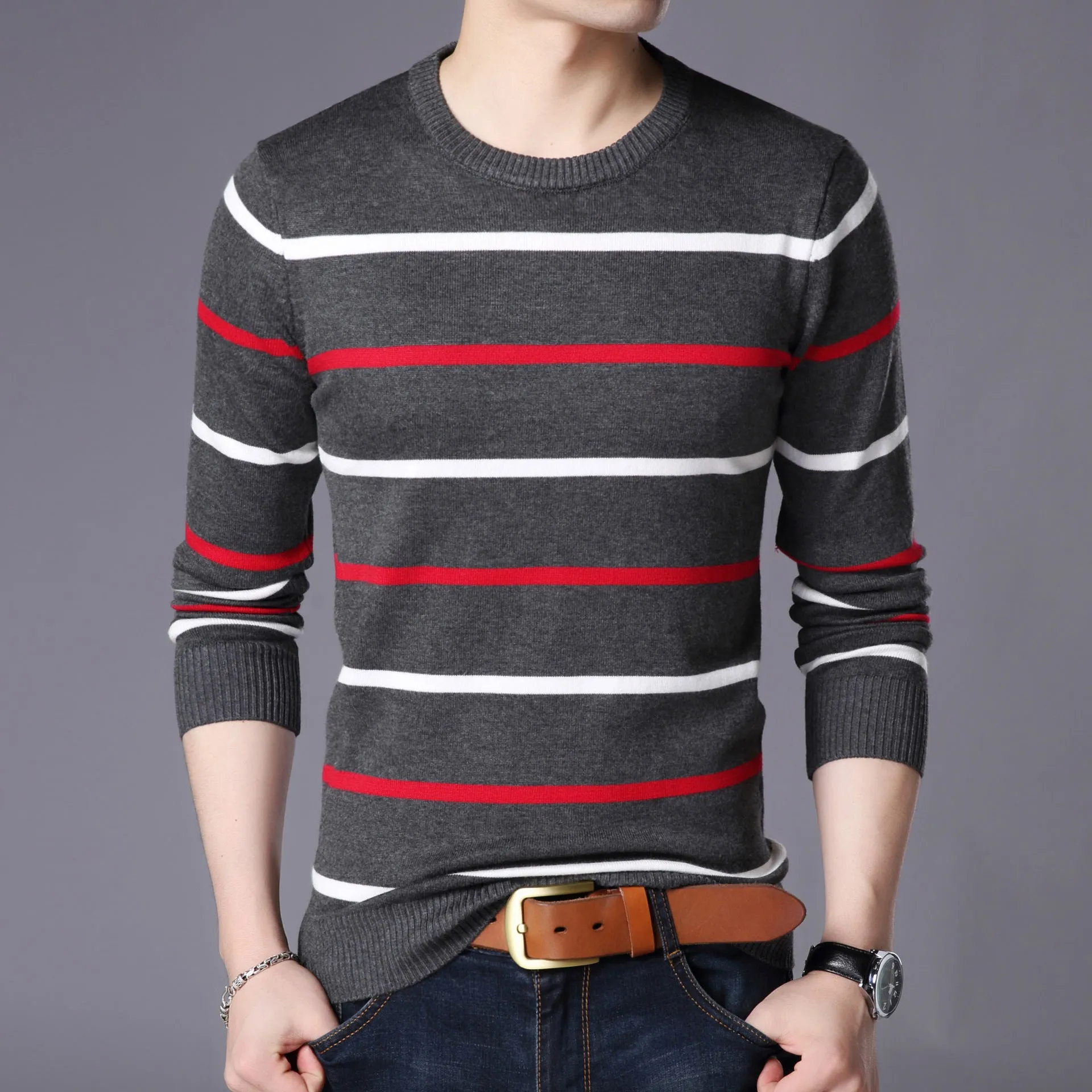 Men's Cotton Knitted Round Neck Striped Casual Loose Fit & Slim Bottom sweaters for Autumn and Winter