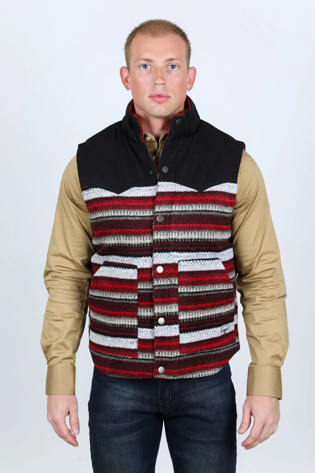 Mens Ethnic Aztec Quilted Fur Lined Vest - Red