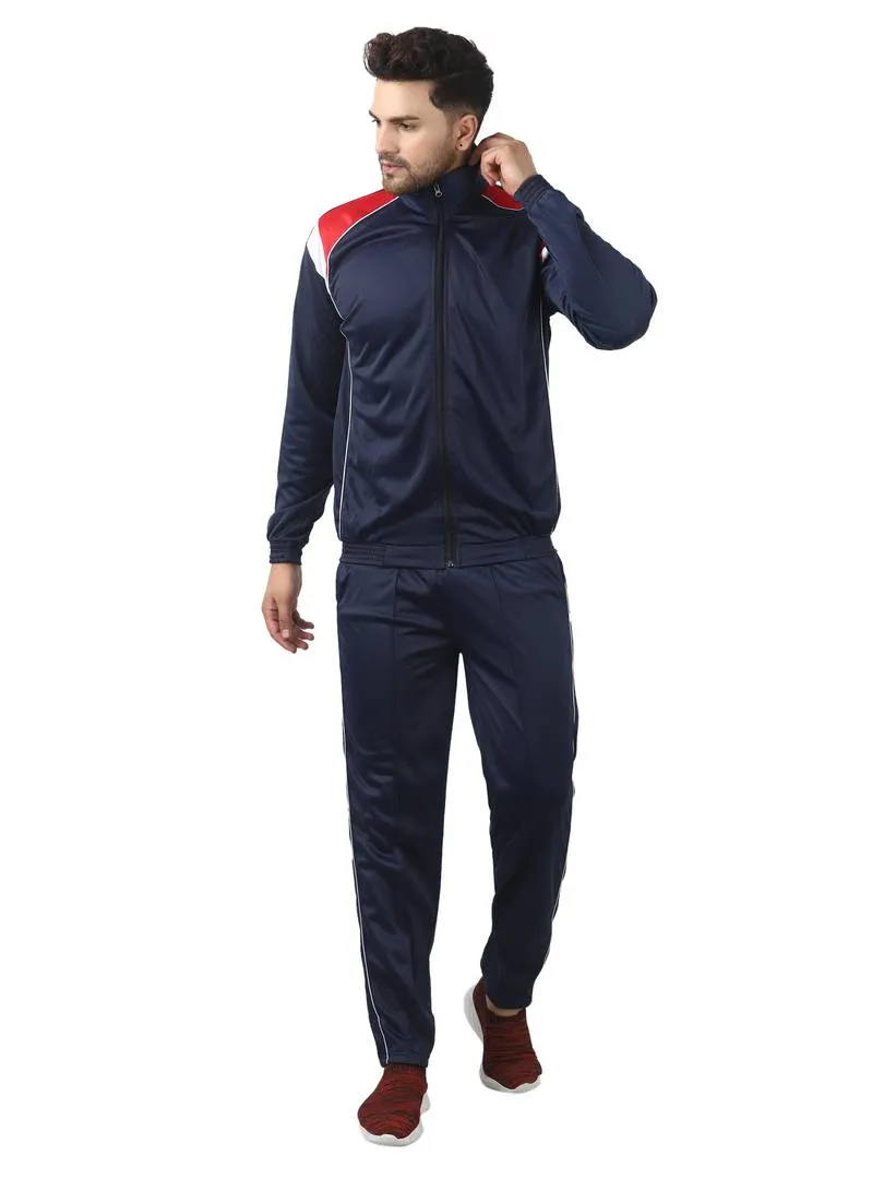 Men's Trendy Navy Blue Self Pattern Polyester Regular Fit Tracksuit