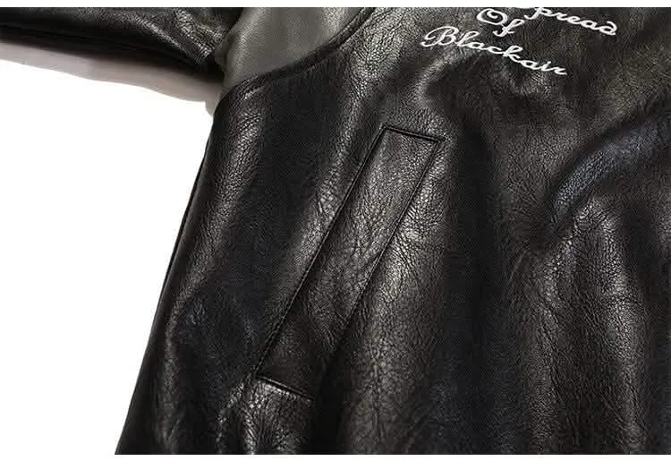 Men's Vintage Letter Embroidery Leather Coat with Relaxed Fit for Fall