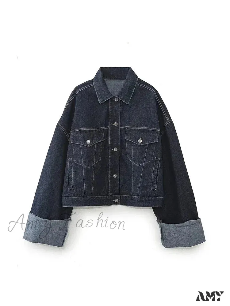 New Pockets Decorated Lapel Rolled Cuffs Retro Style Single-Breasted Short Jacket