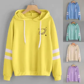 Planet Print Drop Shoulder Hoodie Women Yellow Blue Green Pullovers Spring Autumn