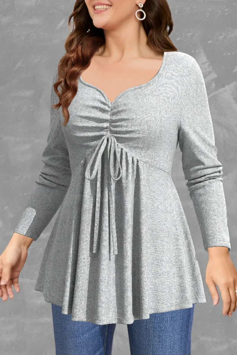 Plus Size Blouses Women Fashion Grey Rib Knit Drawstring V Neck Long Sleeve Office Work Ladies Shirts Casual Blouse Tops