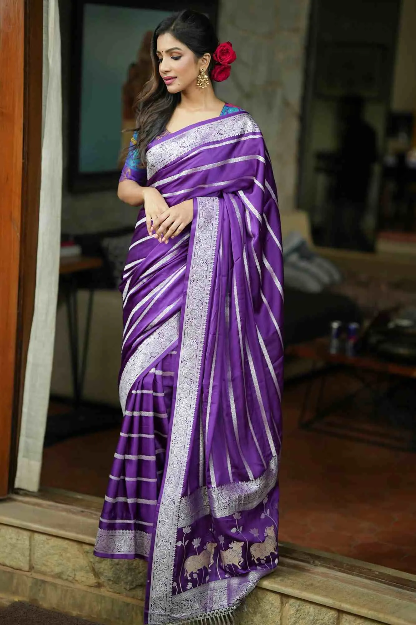 Pre drape Deep Purple Viscose Satin Saree With Silver Zari Stripes and Pichwai Pallu