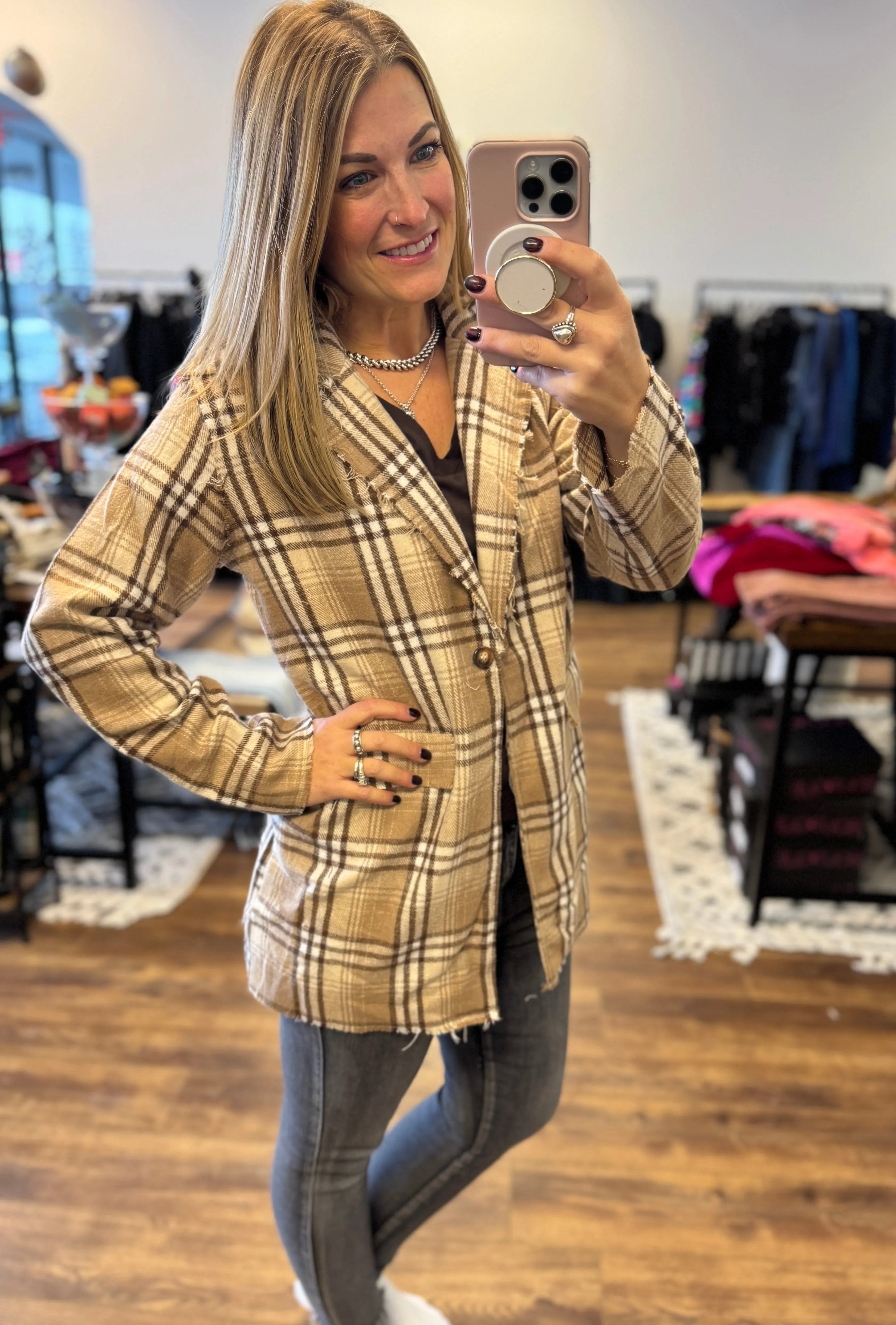 Pull It Together Plaid Blazer - Beige Plaid