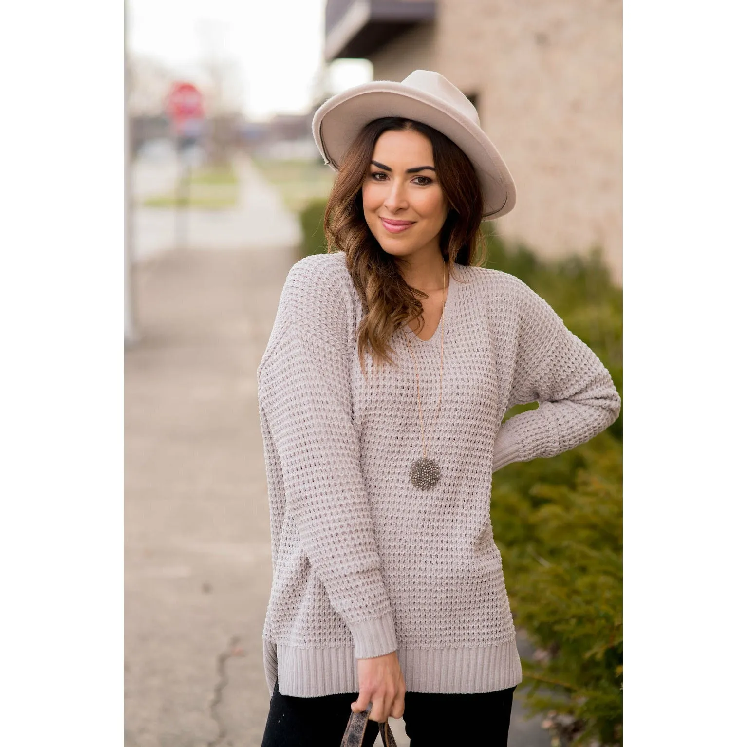 Ribbed Knit Side Slit Sweater