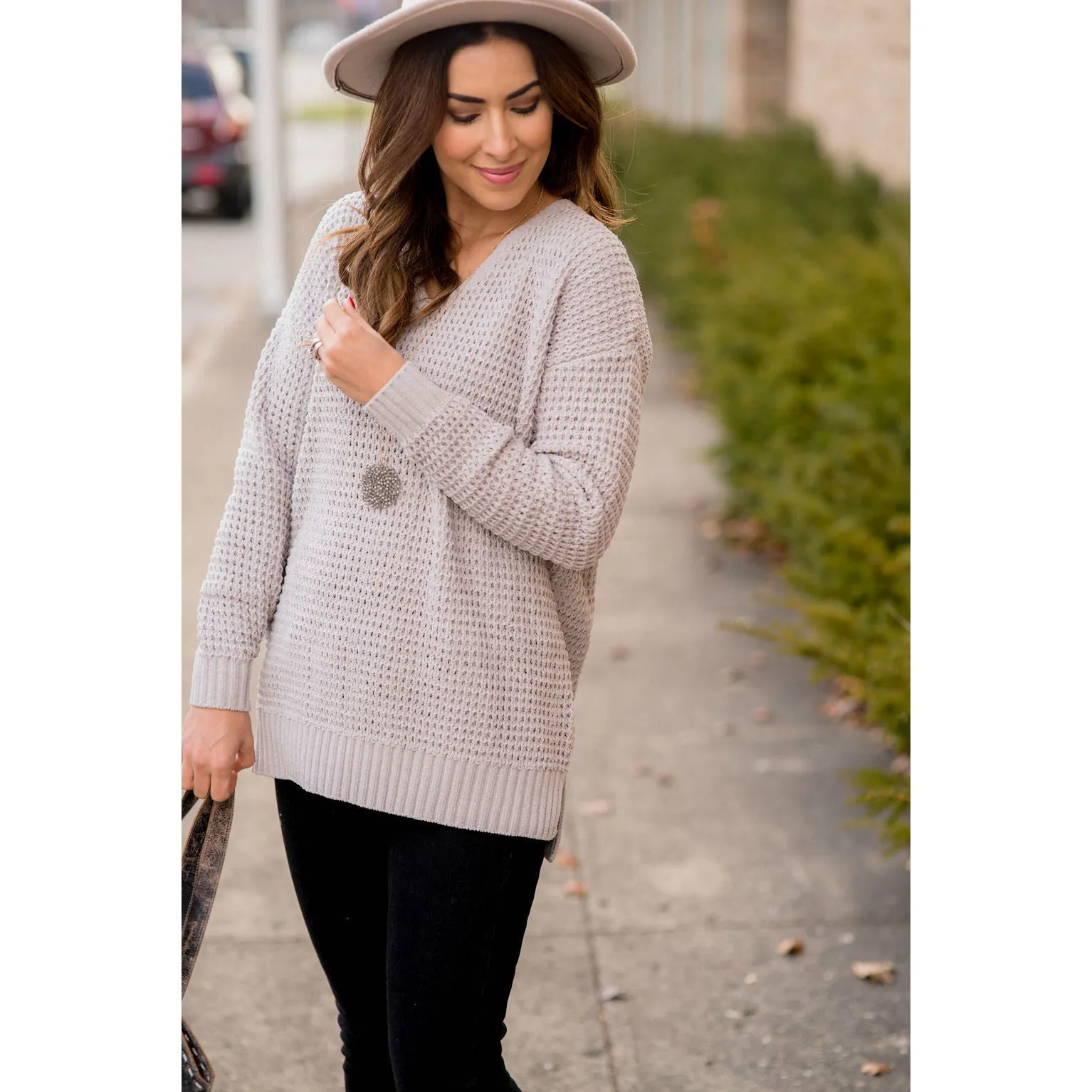 Ribbed Knit Side Slit Sweater