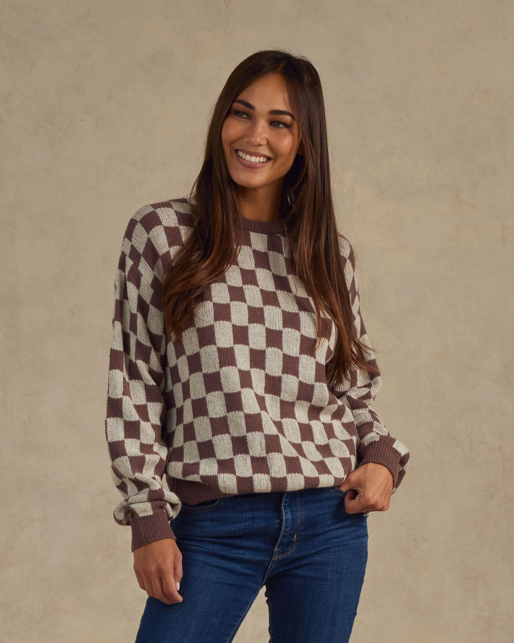 Rylee   Cru Women's Knit Pullover - Plum Checker