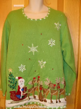 Santa and Red Nosed Reindeer Green Funny Ugly Sweater