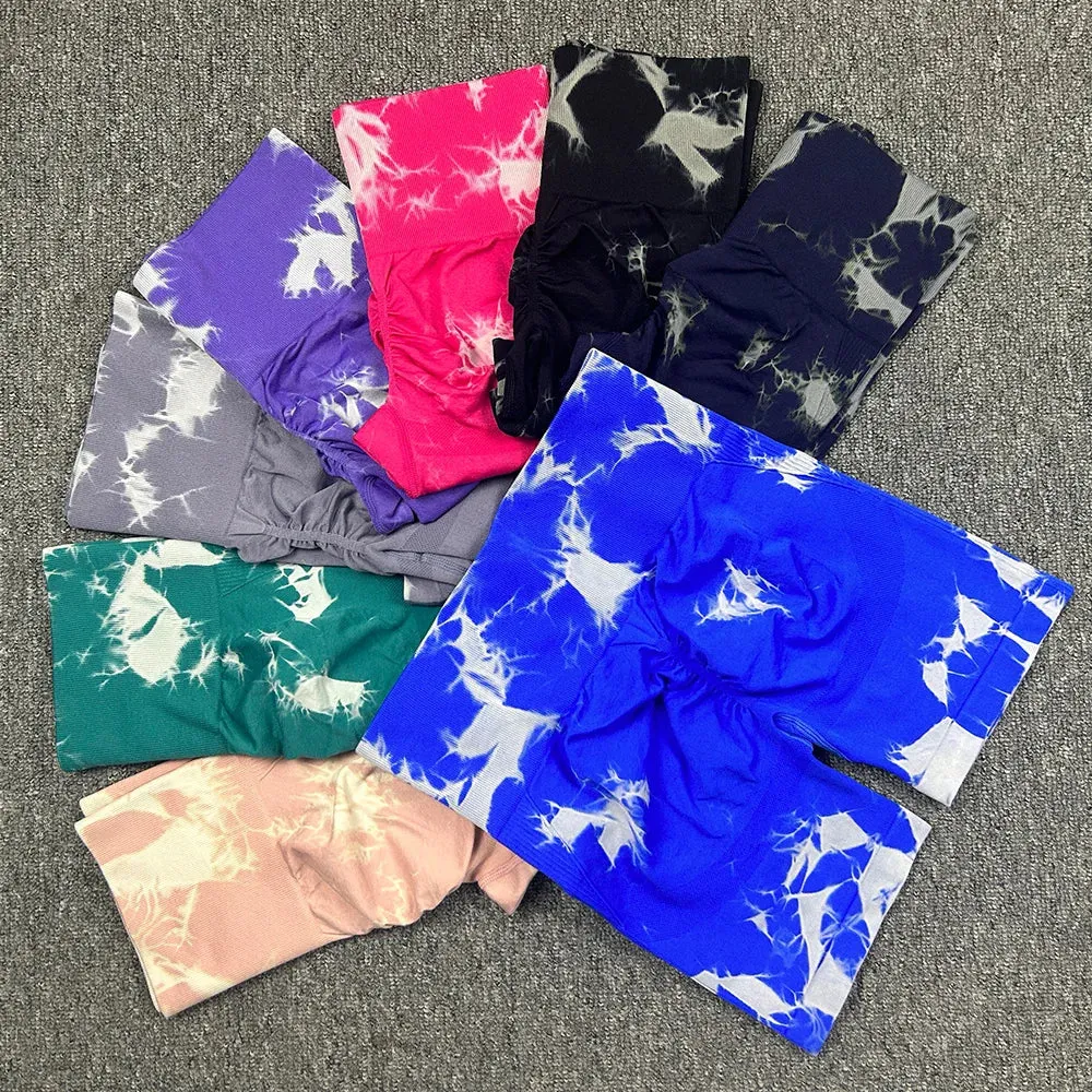 Seamless Tie Dye Bleach Butt Lift Sport Shorts For Women High Waist Summer Yoga Fitness Workout Cycling Biker Gym Shorts Mujer