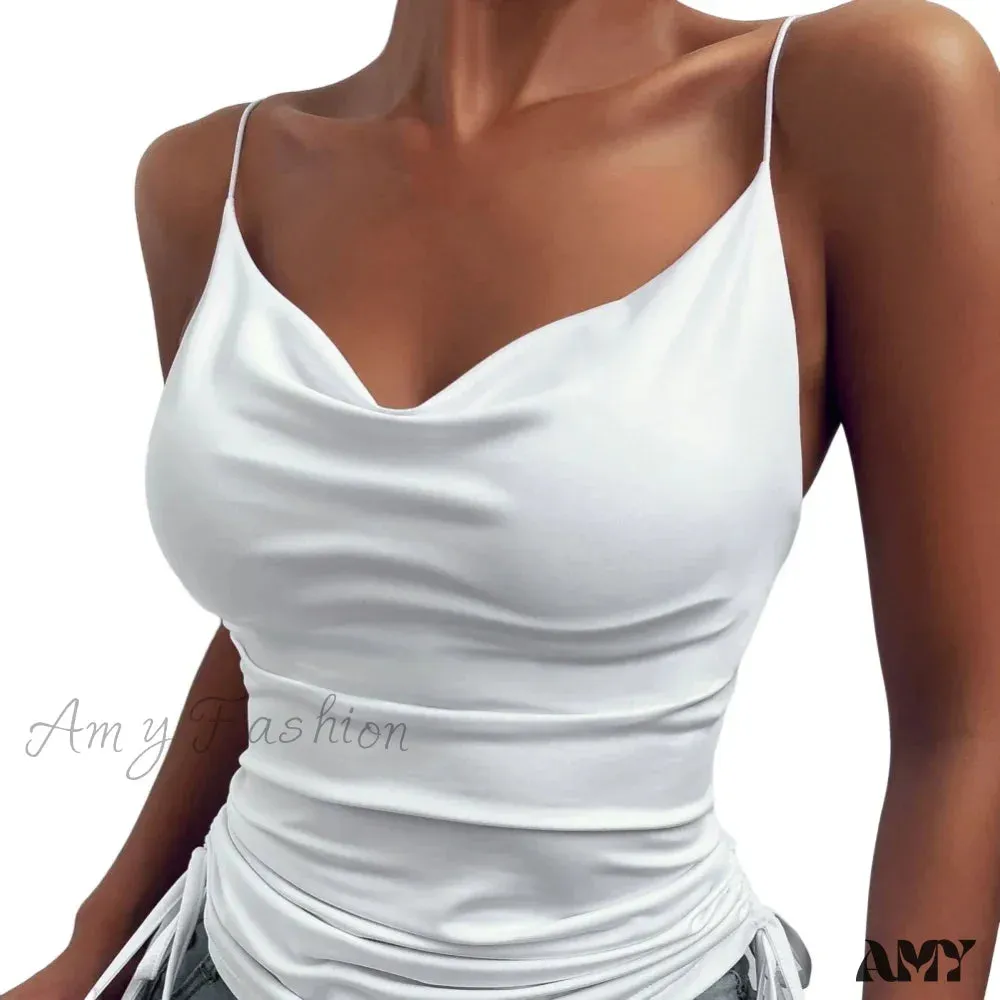 Solid Color Deep V Neck Tight Fitting Drawcord Summer Crop Top