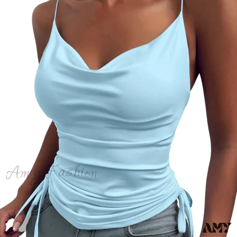 Solid Color Deep V Neck Tight Fitting Drawcord Summer Crop Top