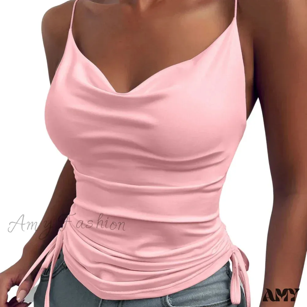 Solid Color Deep V Neck Tight Fitting Drawcord Summer Crop Top