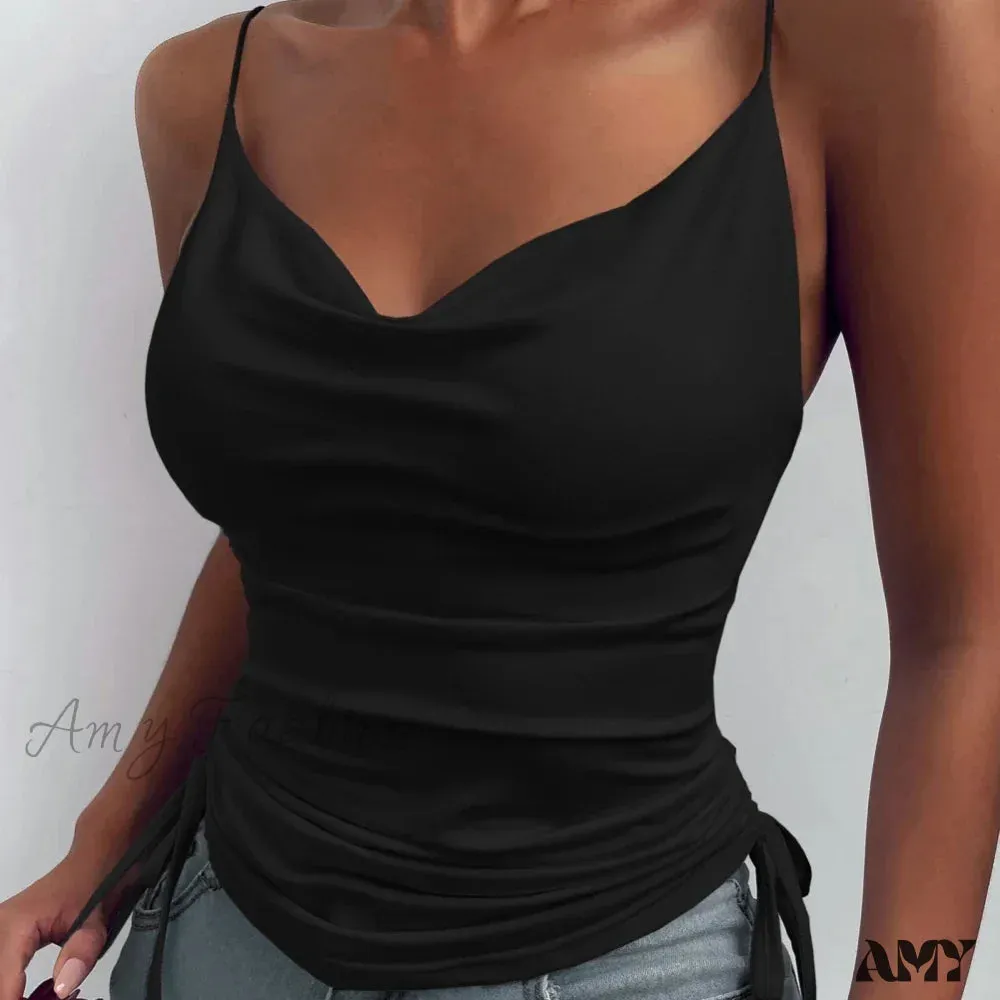 Solid Color Deep V Neck Tight Fitting Drawcord Summer Crop Top