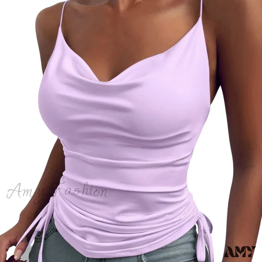 Solid Color Deep V Neck Tight Fitting Drawcord Summer Crop Top