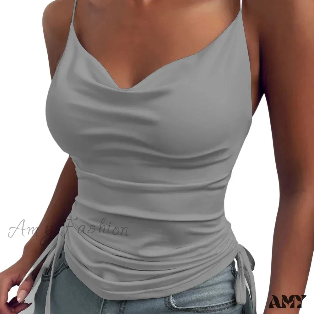 Solid Color Deep V Neck Tight Fitting Drawcord Summer Crop Top