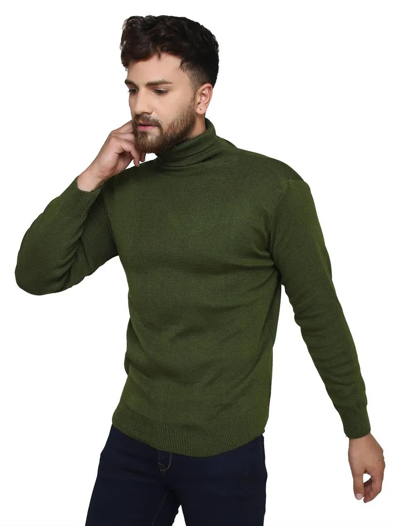 Solid Green Synthetic Long Sleeves Turtle Neck  Sweaters