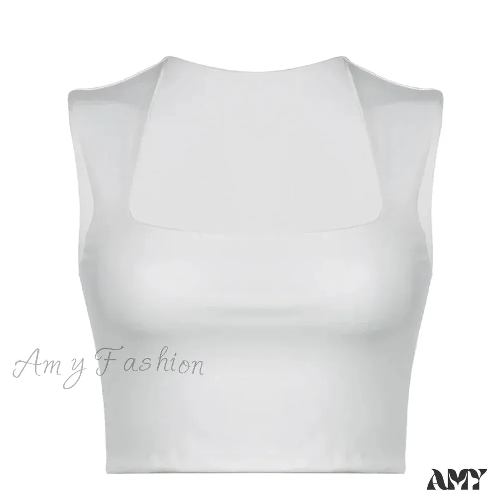 Solid Square Collar Casual Sleeveless Slim White Basic Summer Vintage Crop Top