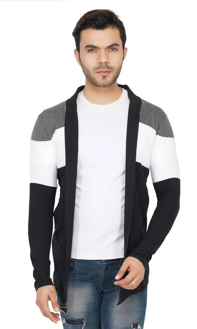 Stylish Black White & Grey Cut & Sew Full Sleeve Open Long Shrug for Men