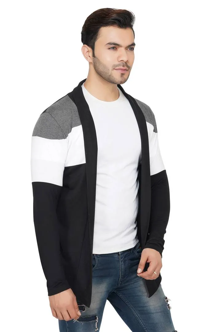 Stylish Black White & Grey Cut & Sew Full Sleeve Open Long Shrug for Men