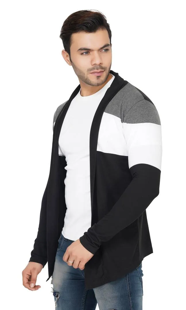 Stylish Black White & Grey Cut & Sew Full Sleeve Open Long Shrug for Men