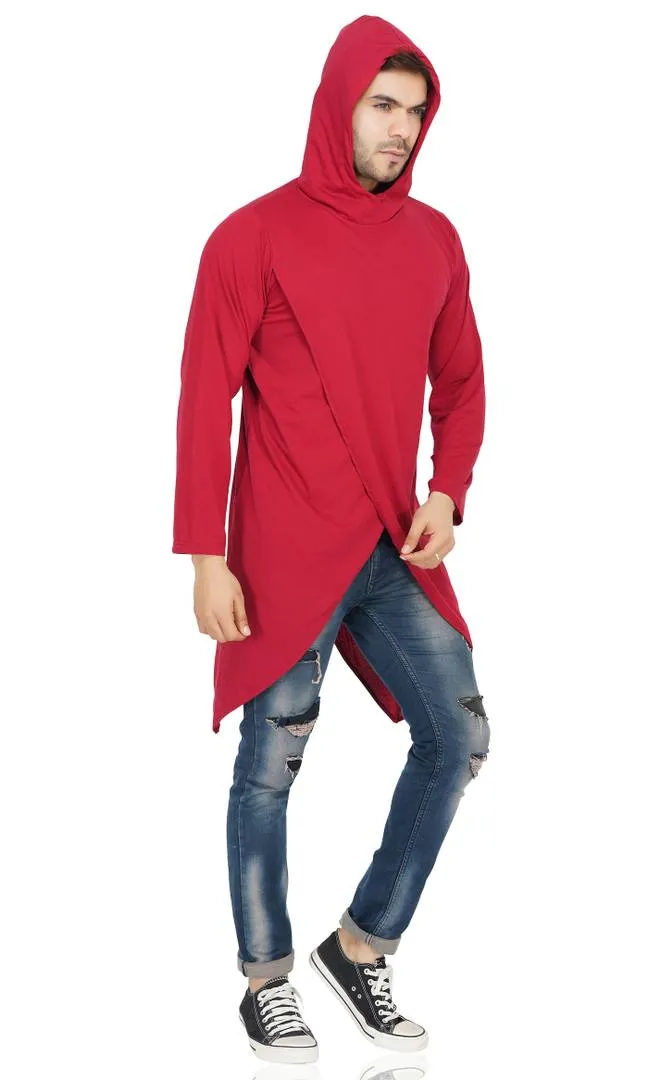 Stylish Maroon Hooded Full Sleeve Open Long Shrug for Men