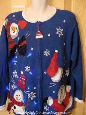 Tacky Blue Light Up Christmas Sweater Falling Snowmen with Hats