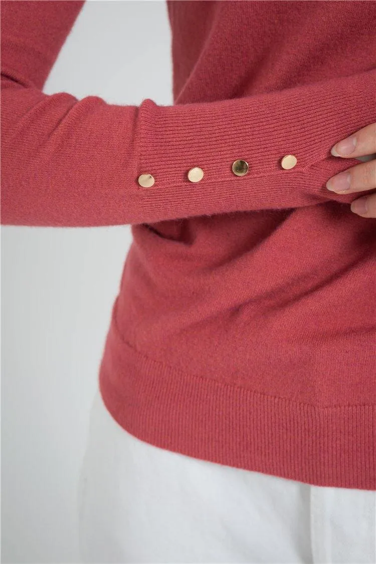 Turtleneck Sleeve Metal Button Pullover