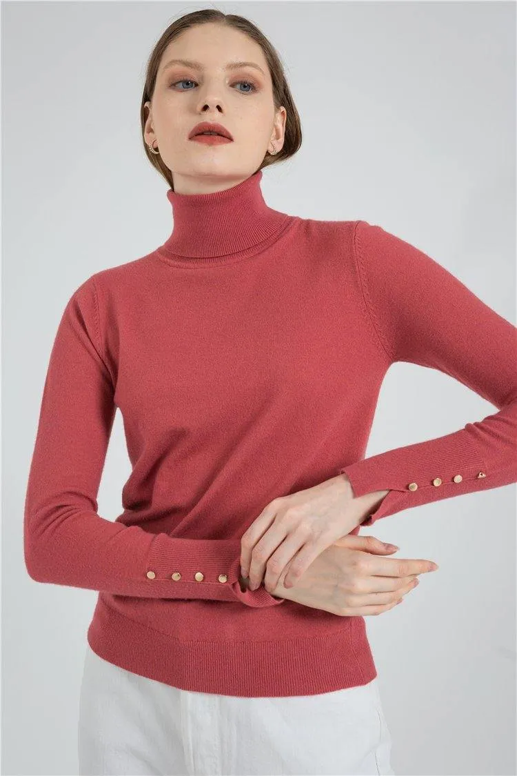 Turtleneck Sleeve Metal Button Pullover