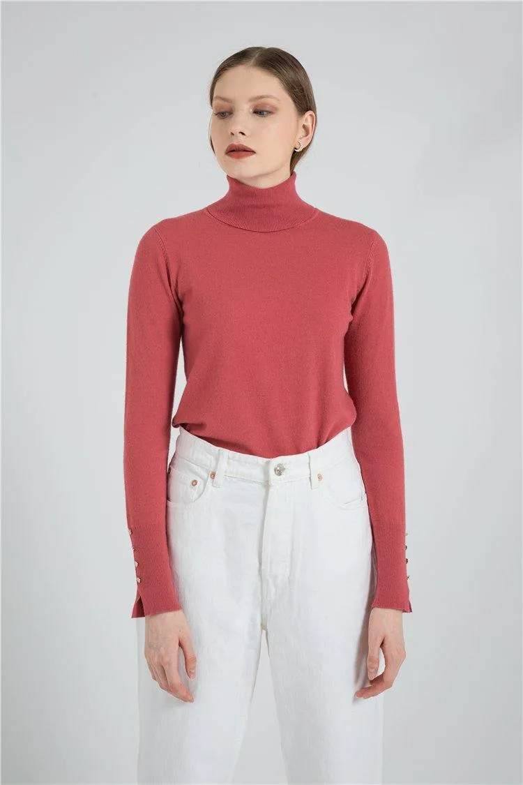 Turtleneck Sleeve Metal Button Pullover