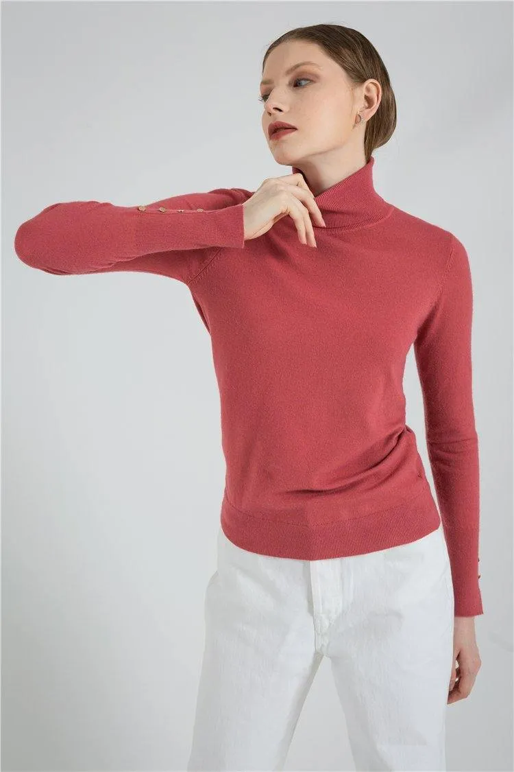 Turtleneck Sleeve Metal Button Pullover