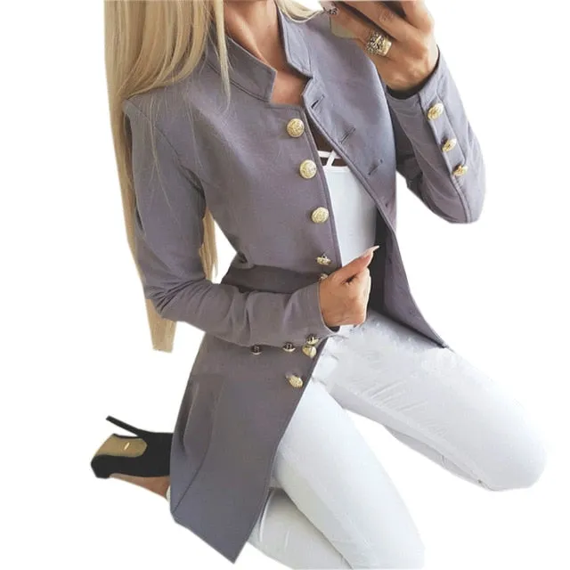 VenusFox Solid Long Button Sleeve Outerwear Coat