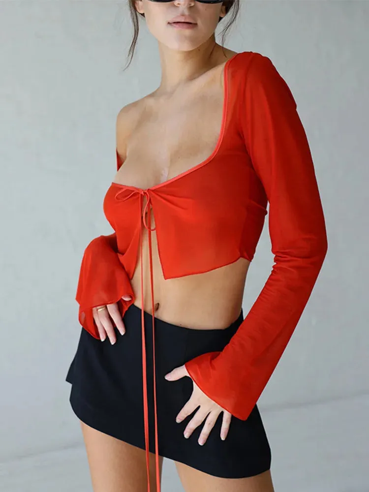 Vintage Mesh Long Sleeve Lace Up Crop Top