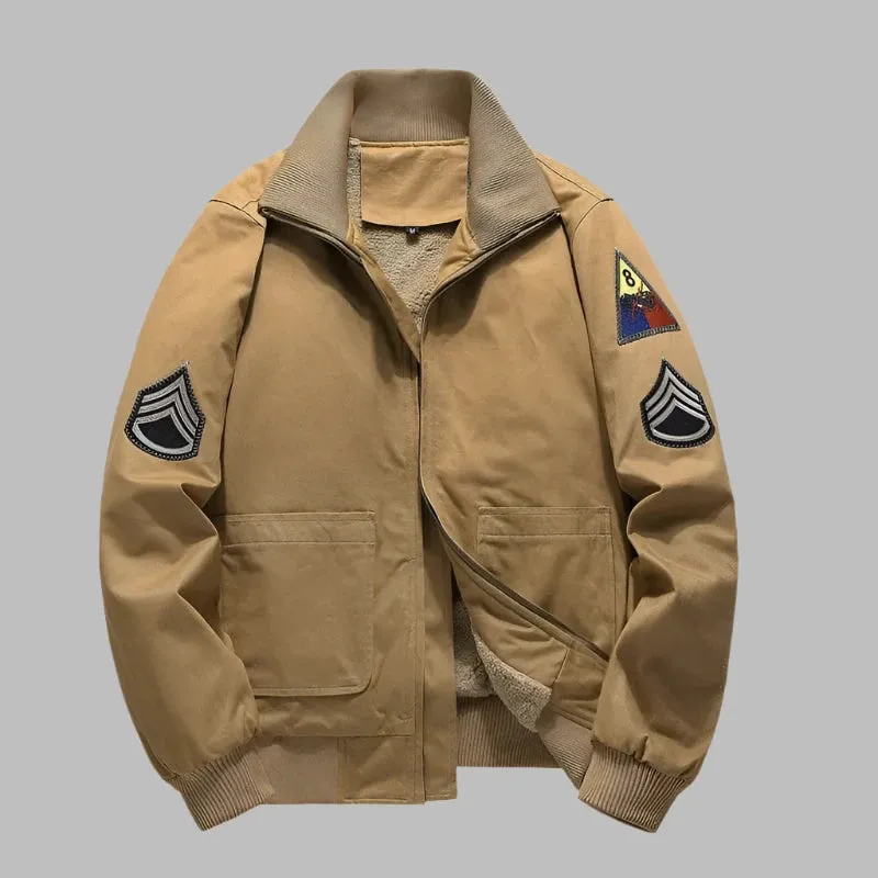 Vintage Oversized Military Bomber Coat with Embroidered Shoulder Patch - Men's Tanker Jacket