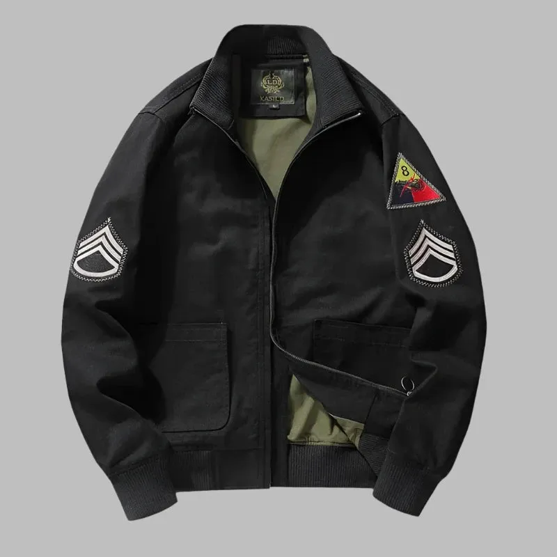 Vintage Oversized Military Bomber Coat with Embroidered Shoulder Patch - Men's Tanker Jacket