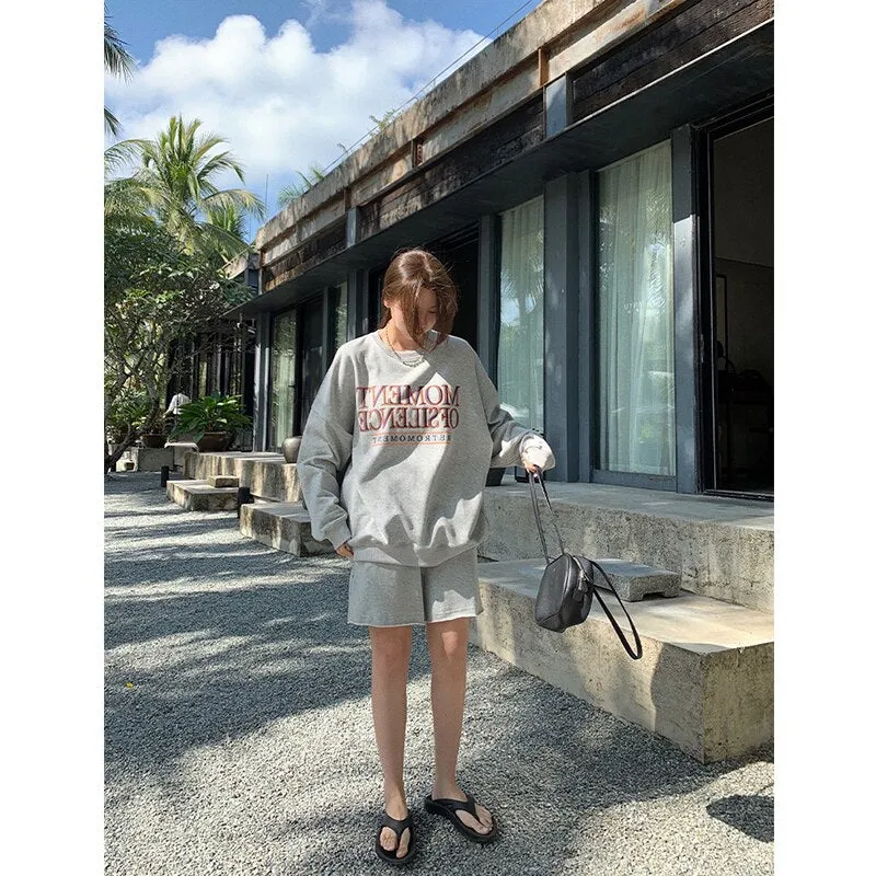 Wjczt American Grey Crew Baggy Sweatshirt Women Spring Autumn Fashion Letter Printing Fleece Thicken Vintage Long Sleeves Pullover TOP