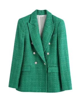 Wjczt Women Fashion Double Breasted Tweed Green Blazer Coat Vintage Long Sleeve Flap Pockets Female Outerwear Chic Veste