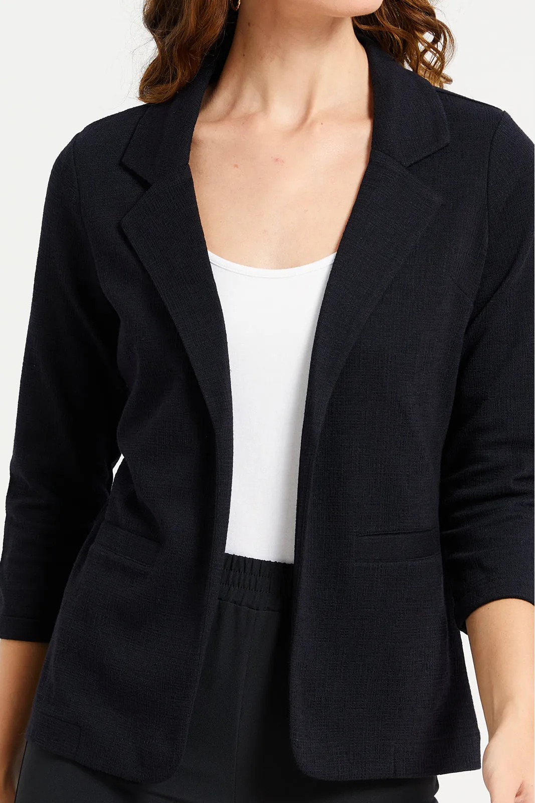 Women Black Jacquard Knitted Lapel Collared Blazer