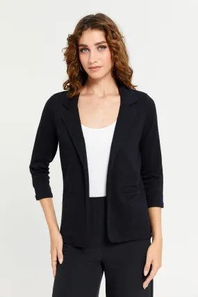 Women Black Jacquard Knitted Lapel Collared Blazer