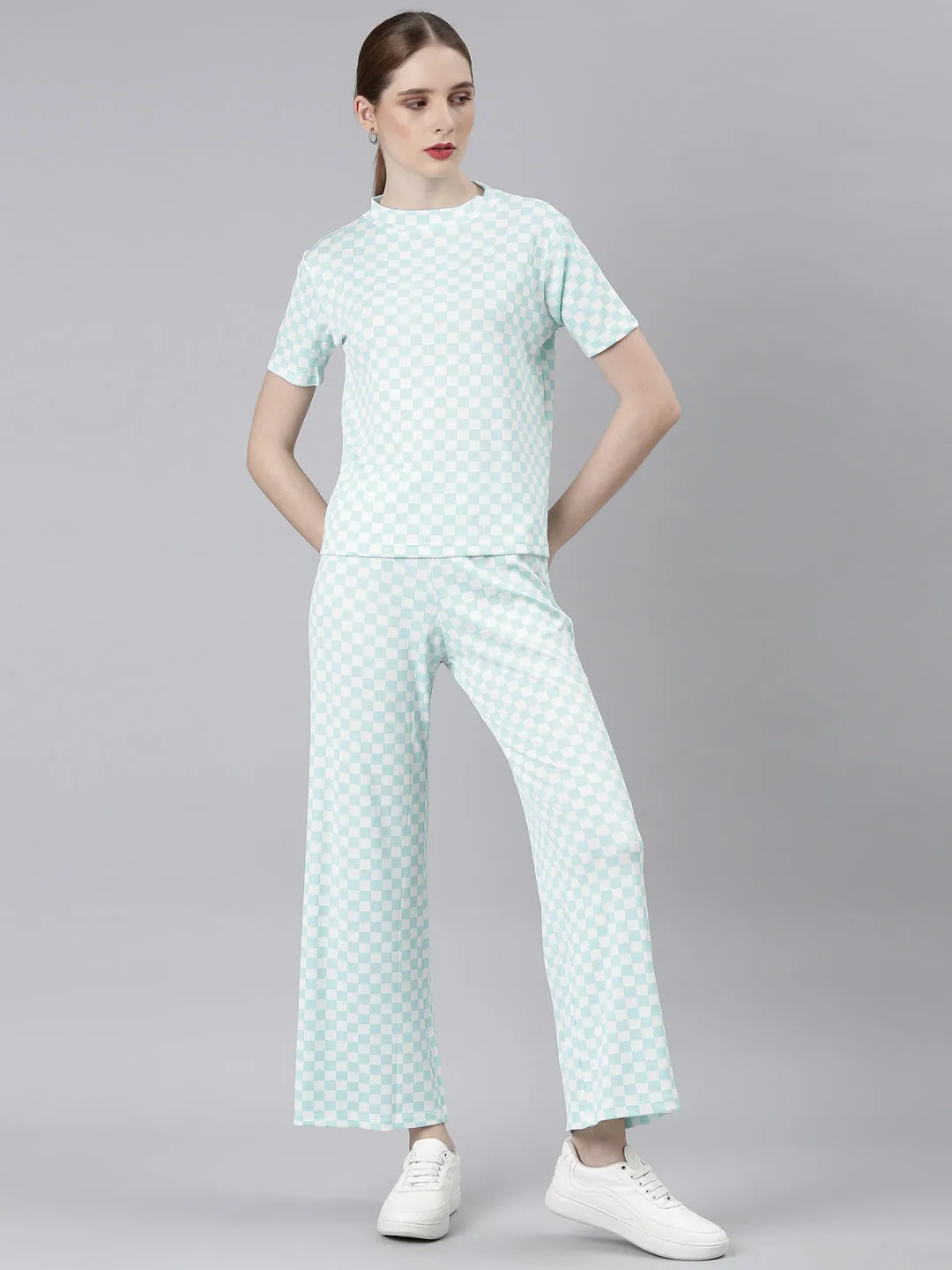 Women Turquoise Blue Checked Tracksuit