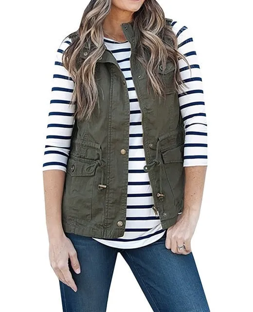 Womens Vest W/Pockets Drawstring Army Jacket Coat