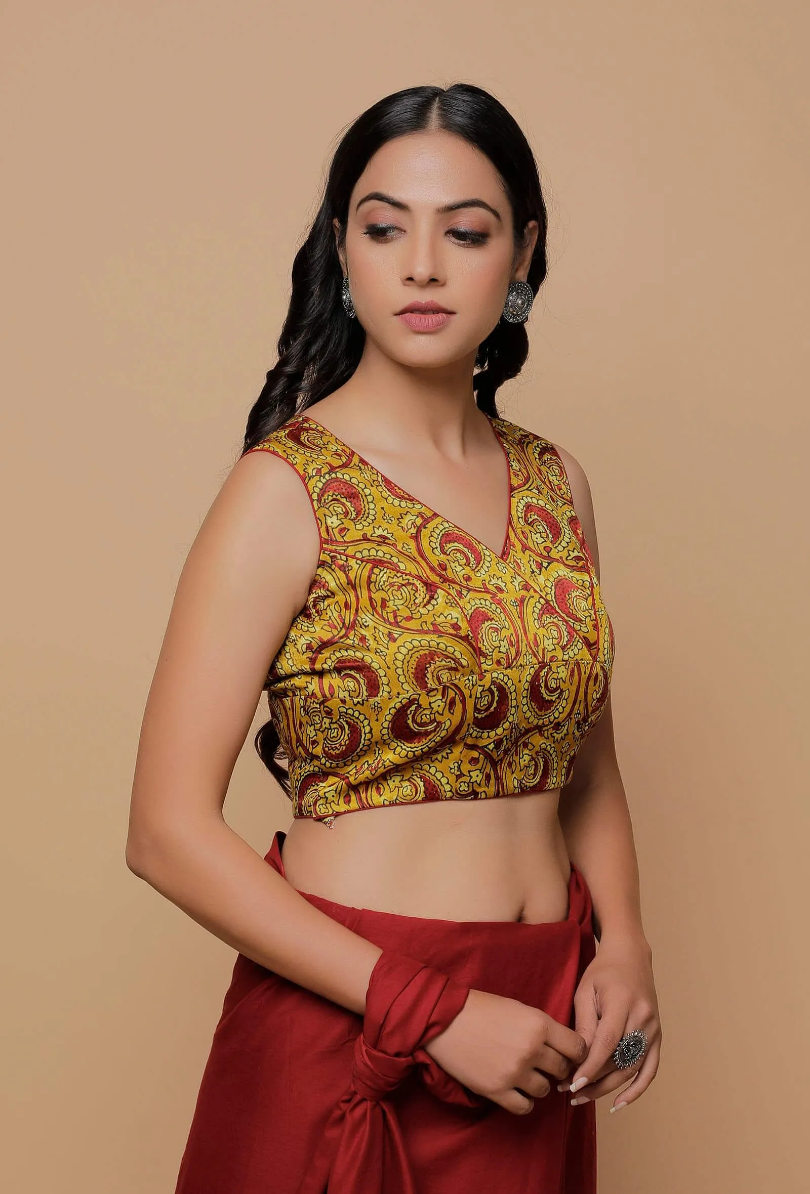 Yellow Printed Mashru Sleevless Blouse